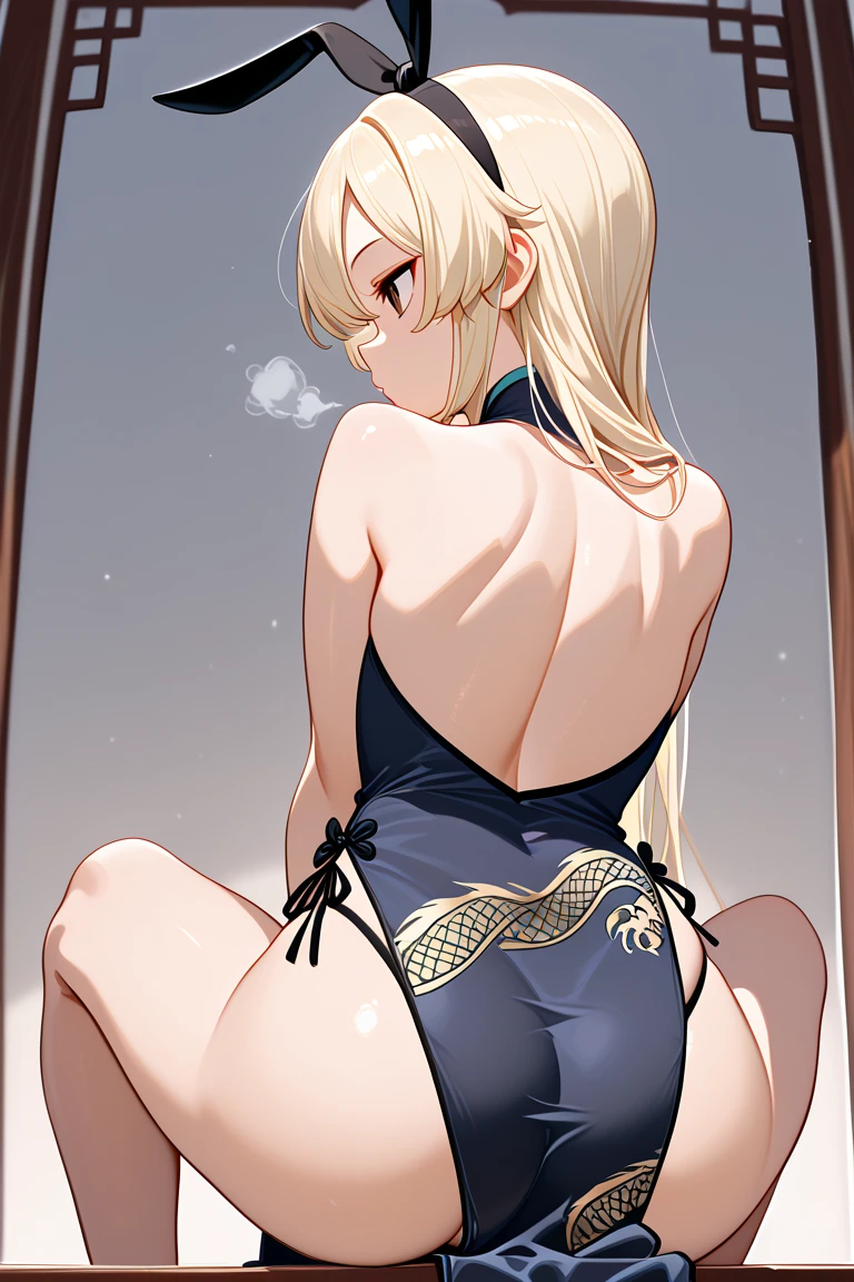 Best quality, ultra detailed, masterpiece, highly stylized, HD, / shimakaze, brown eyes, blonde hair, long hair, hairband, black ribbon / kisakioutfit, china dress, chinese clothes, pelvic curtain, bare shoulder / sitting on her knees, back turned, focus on her ass, moderate curves , panties partially visible, arms raised, adjusting her hair, hot breath 