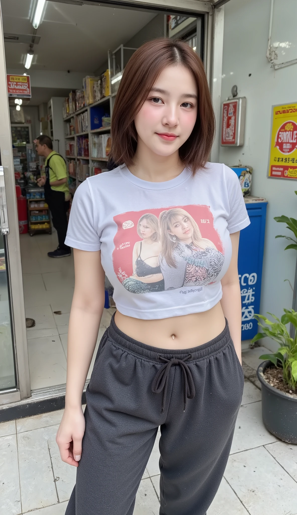 Realistic woman, beautiful face, big breasts, attractive shape, height 160cm. Looking at the camera, 8K ultra high definition, sharp focus, very high detail, realistic as a photo, natural light, soft skin. A girl is standing on the tile floor in front of a convenience store in Soi Onnut, revealing a short-sleeved crop top with a cartoon graphic print and dark gray sweatpants.
The shop floor is littered with shoe marks and raindrops from last night, the sound of motorbikes passing by periodically. It is a simple but heartfelt image of a ager in Bangkok.