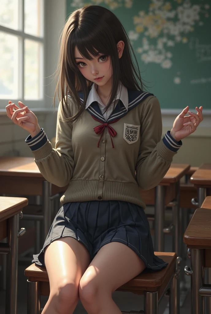 (Masterpiece: 1.3), (Maximum resolution: 1.2), (Ultra HDTV: 1.2), Cinema light, Ultra HDTV, (Detailed eyes and skin), (Detailed facial features), HDR, 8k resolution, Sharp Focus: 1.2, Perfect style, beautiful face, accurate, anatomically correct, highly detailed face and skin texture, detailed eyes, brown eyes, double eyelids, thin eyebrows, glitter eyeliner: 1.2, natural cheeks, glossy skin, fair skin: 1.2, shiny little necklace and earrings, (glossy lips: 1.4), BREAK, first-person-view, Wearing a High school uniform, ((showing a little string panties:1.2)), (embarrassed:1.2), (blush:1.2), Innocent and Cute girl, (ponytail in high position, wavy hair, hair of white and some colors, bangs flowing diagonally), medium long hair, (Full body shot: 1.2), focus on face, ((Very intimate relationships: 1.2)), (medium large breasts), (((In the classroom: 1.2)), ((Sitting on the school chair with one's legs crossed:1.4)), (looking down at viewer)), (from below),