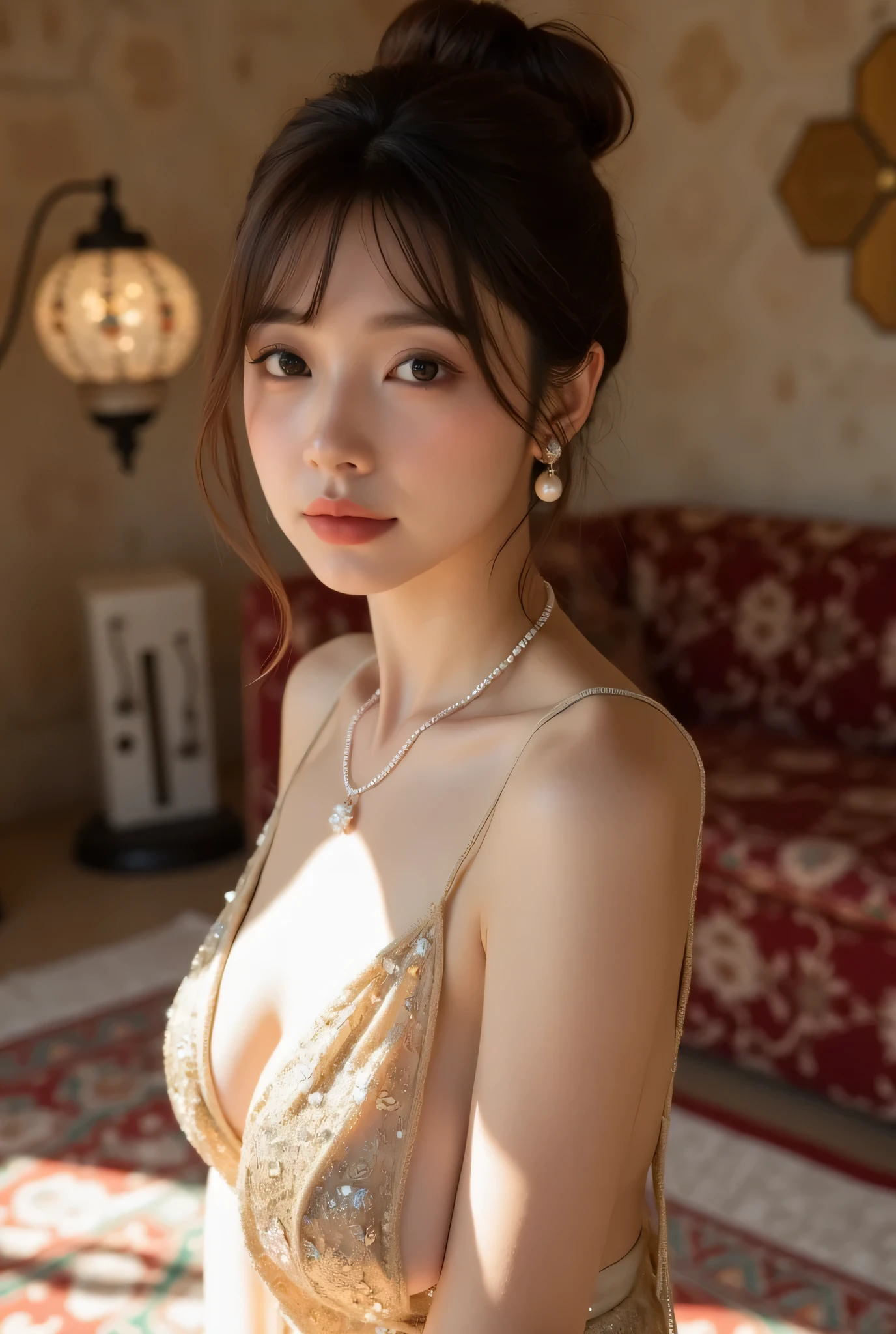 Beautiful 19 year old beauty from Prague(in 8K、 Raw photo, Looking at Viewer), beutiful breast((Partial gold on white base、Luxurious and beautiful long ball gown dress、,Lots of frills and rhinestone decorations)) tiarra、a choker, chromatic abberation, 、Rim Lights、Dynamic lighting, Cinematic lighting, A hyper-realistic, hight resolution, extremely detailed eye and face, Sharp pupils, interior of the castle、Eyes are brown,sitting on a white sofa