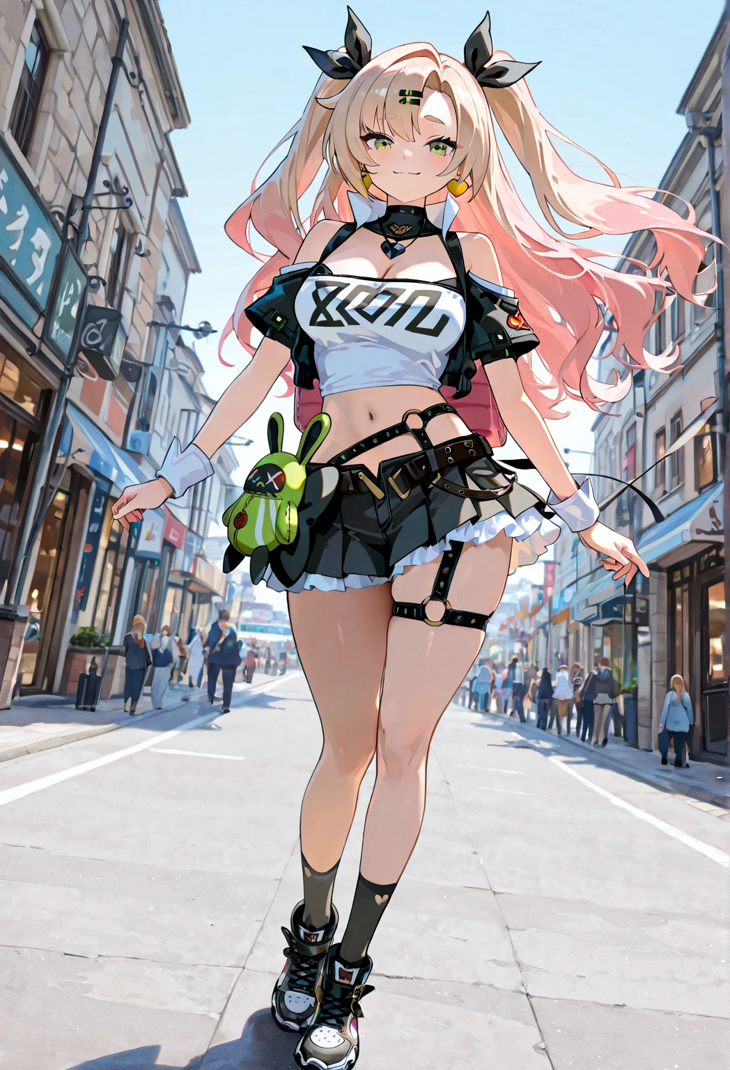 ((a blond+Pink eyes+swim wears+cyberpunked+Half Twin Tail+sun visor+piece sign)) --auto