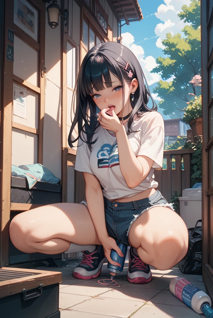 (masterpiece、Highest quality、Highest quality、Official Art、Beautiful and beautiful:1.2)、(One girl:1.3)Hatsune Miku、Twin tails,Beautiful breasts,((medium breast, tomboy girls, small head)), daylight, sunlight, (chiseled abs : 1.1), (perfect body : 1.1), (short wavy hair : 1.2) , auburn hair, collar, chain, full body shot, crowded street, wearing black tanktop, jeans jacket, ((shorts)), (extremely detailed CG 8k wallpaper), (an extremely delicate and beautiful), (masterpiece), (best quality:1.0), (ultra highres:1.0),  beautiful lighting ,perfect lightning, realistic shadows, [highres], detailed skin, ultra-detailed