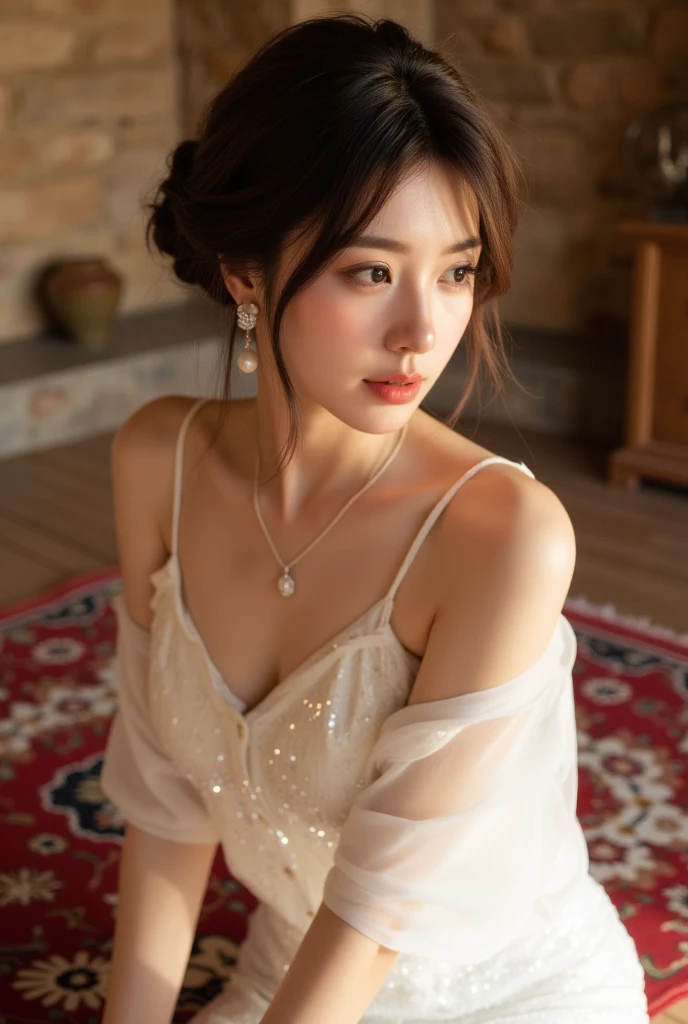(((masterpiece))), (((highest quality: 1.4))), ((Very detailed: 1.4)) , ulzzang-6500-v1.1, (RAW Photos:1.2), (Realistic), (See-through:1.3), (Genuine:1.4), Very detailed, Sharp focus, Room with a night view of skyscrapers、A Japanese woman sitting and looking at the night view outside the window、Random Color、Nightgown、Lonely、sad、Sigh、Detailed eyes、Detailed face、Japanese Goddess、Duck mouth、Shiny skin、Realistic skin texture、(Full Body Shot:1.14)、From the side、