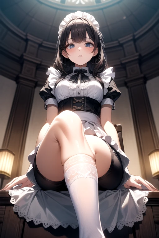 Masterpiece, (ground Level Shot), ((2 legs)), ((black high heels)), ((6 inch high heels)), ((pumps)), very big breasts, (cross-legged), ((white stockings)), (stockings with lace), (stay-up stockings), black hair color, ponytail, corset, maid uniform, short skirt, sitting sideways cross-legged, (dominatrix), ((middle age)), white gloves, long gloves