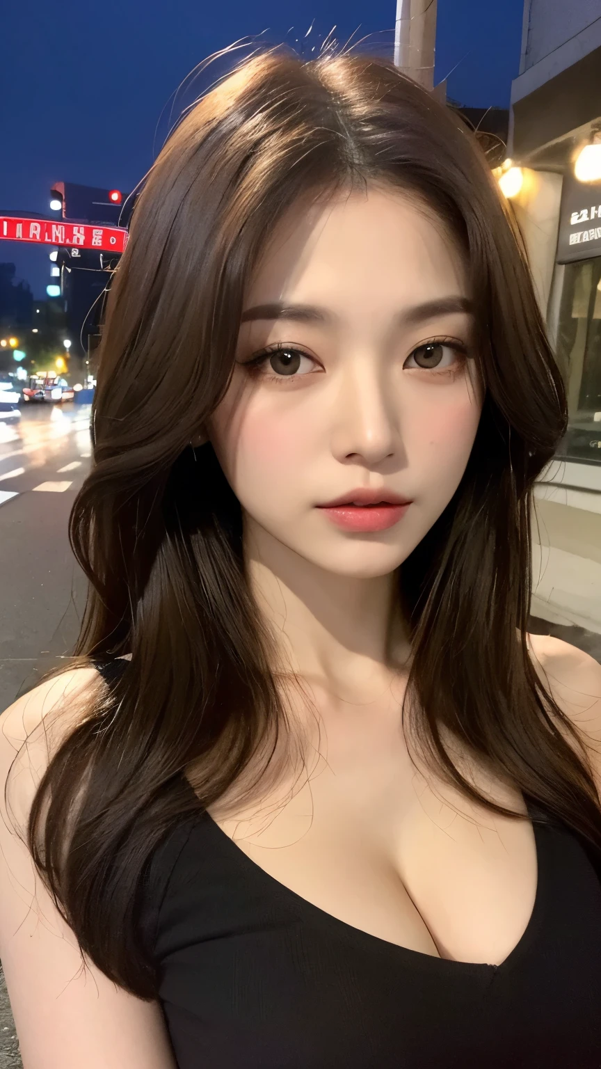 ((Realistic lighting, Best quality, 8K, Masterpiece: 1.3)), Clear focus: 1.2, 1girl, Perfect Body Beauty: 1.4, Slim Abs: 1.1, ((Dark Brown Hair, Big Breasts: 1.3)), (Aqua Dress: 1.4), (Outdoor: 1.1), City Street, Super Fine Face, Fine Eyes, Double Eyelids, Exposed cleavage