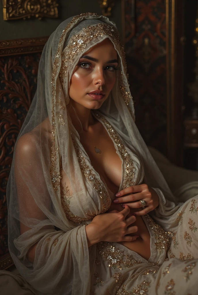 A beautiful burqa women with big boobs wearing saree and sleeping in a bed nakedly