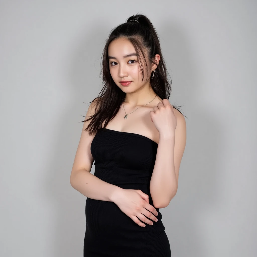 1 europen gamer girl, 18 years old, topknot, tight bun, hair tied up in a bun, very cute, dress a very very skirt and and a very very short top
with neckline, very short tall, background simple