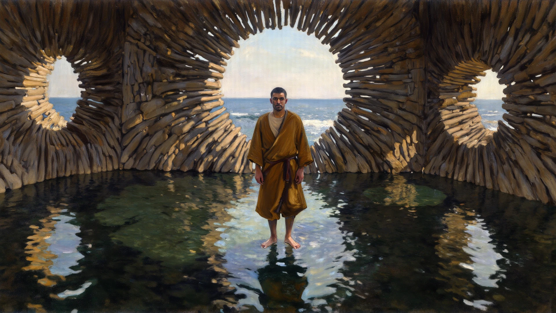 (((Pre-Raphaelite painting of sick man bathes in the healing waters of a well, Floresta encantada, paisagem celta)))