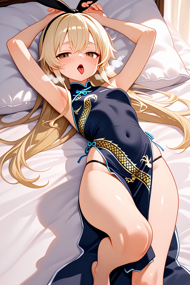 Best quality, ultra detailed, masterpiece, highly stylized, HD, / shimakaze, brown eyes, blonde hair, long hair, hairband, black ribbon / kisakioutfit, china dress, chinese clothes, pelvic curtain, bare shoulder / Lying on the bed, on her back, one leg bent, panties partially visible, arms over her head, armpits, open mouth, tongue out, hot breath, blush, mischievous and lustful look 