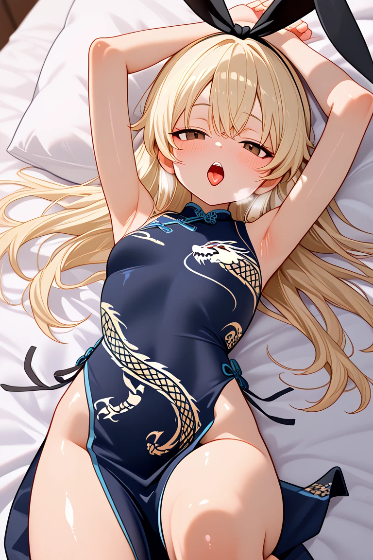 Best quality, ultra detailed, masterpiece, highly stylized, HD, / shimakaze, brown eyes, blonde hair, long hair, hairband, black ribbon / kisakioutfit, china dress, chinese clothes, pelvic curtain,  shoulder / Lying on the bed, on her back, one leg bent, panties partially visible, arms over her head, armpits, open mouth, tongue out, hot breath, blush, mischievous and  look 