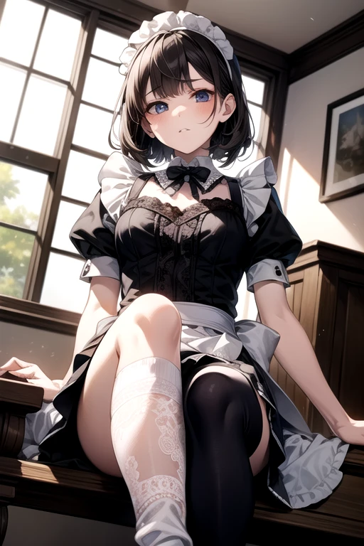 Top quality, best one daughter, high quality, super detailed face, intricate and detailed eyes, sultry nasal bridge, fine mouth, meticulous and beautiful expression, realistic bumps of human body, silky smooth hair texture, ((master piece)), ((absolute resolution)), ((top quality)), super detailed, (excited face and humiliation,), ((realistic skin ))), ((maid's uniform: 1.6, garter belt: 1.3, stockings: 1.4)), one length bob cut braided girl, ribbon, age appropriate ornaments, sitting legs and hips: 1.3, white skin: 1.3, small breasts, cinematic lighting, perfect shading, (((western pavilion))), shaded Realistic lighting, Reflecting the whole body