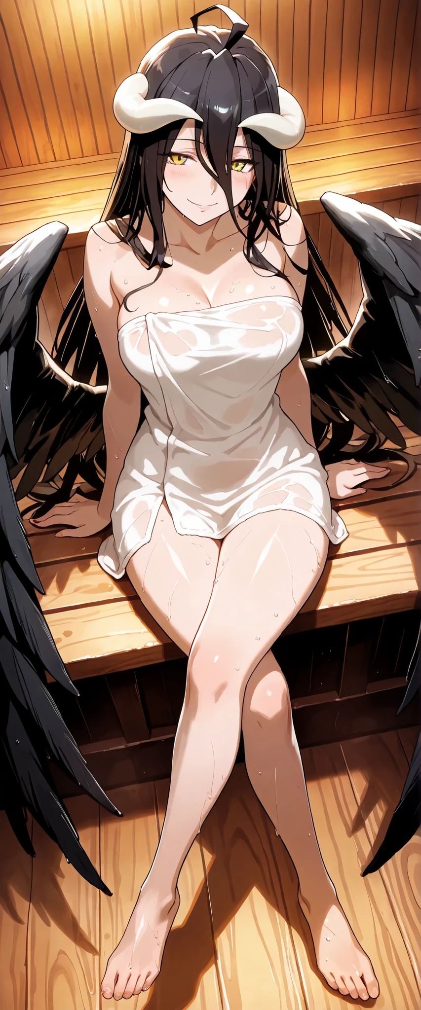 1 woman, albedo (overlord), dutch angle, from above, white horns, dark hair, yellow eyes, black wings, covered with a wet towel, crossed legs, focus on feet, indoors, sauna, seductive pose, seductive smile, masterpiece, high quality, highly detailed