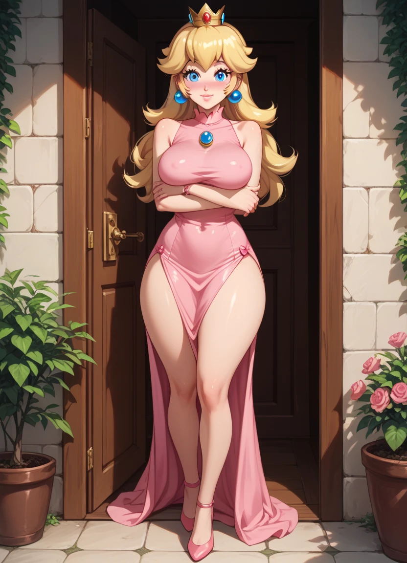 ((masterpiece, best quality)),solo,1girl, lolaloud, lola loud, blonde hair, highres, detailed, soft lighting, long hair, short pink dress, pearl necklace, crown,smile, missing tooth, black outline, large breasts, pink long gloves,full body,wear high heels.
