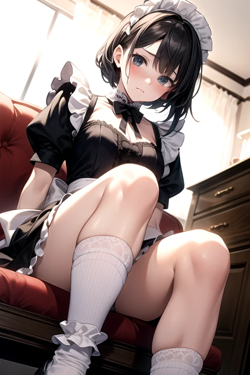 (masterpiece),High precision,maid,apprentice girl,12 years old, body shape,black hair,flat chest,White and pink polka dot panties,Gothic Long Skirt,sit,squat,Natural light, realistic, diffused light, look up from below,vapor, (lift skirt), (urinate,leakage, princess cut,Thighhighs,足首丈のロングmaid服,such an embarrassing face'I'm about to cry,clean the hallway floor,satin fabric,,Silk Fabric,