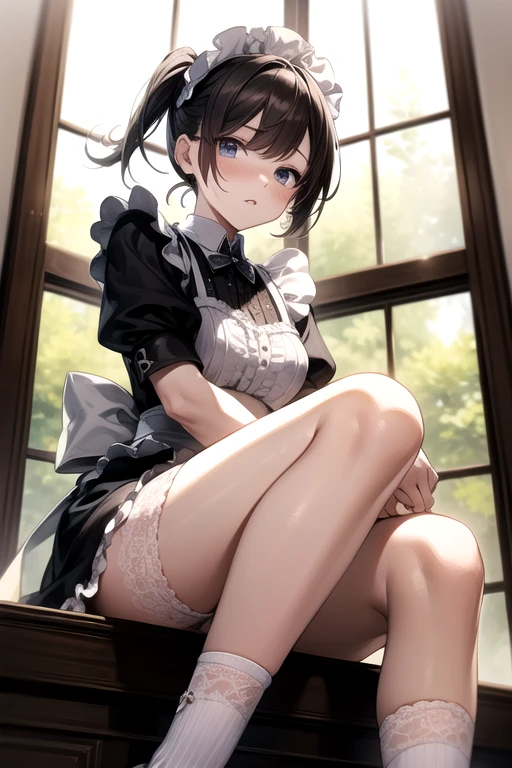 (((masterpiece, highest quality:1.3))),cowboy shot,25 year old beauty, solo,((very small head:1.2)),short bob hair,bangs,black hair,black eyes,blush,smile,medium breasts,(((very long body,slender body))),skinny,gleaming skin,oily skin,(japanese maid uniform,White brim,mini skirt),white_thighhighs,standing,garden、Trees、Garden of a large old mansion、