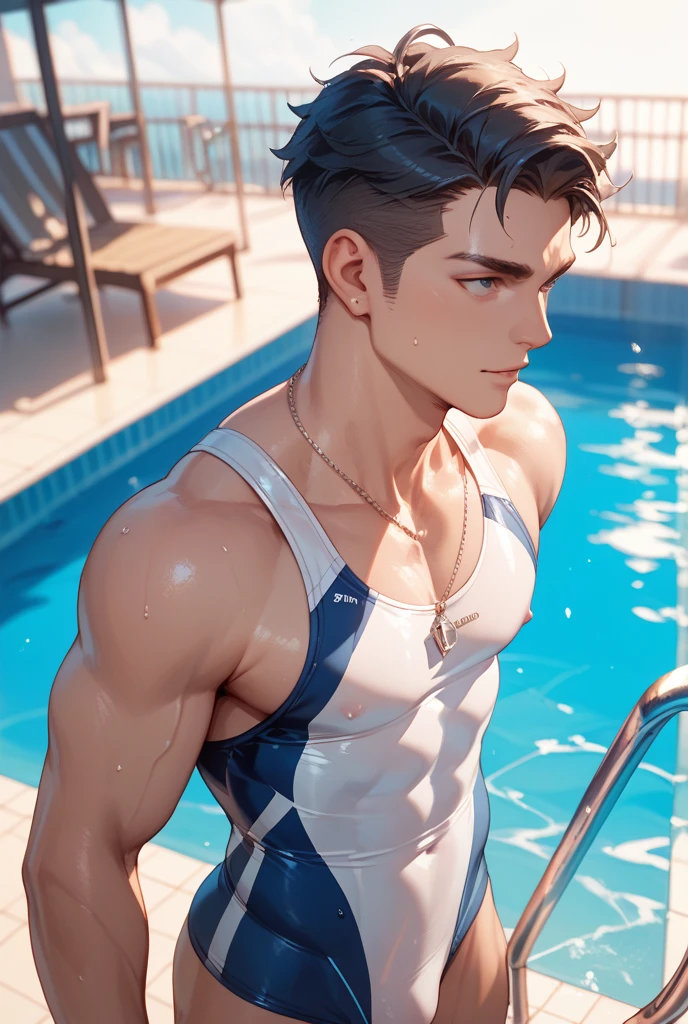 Asian Male Handsome Model 　　adult　Black Hair　short hair　Short cut　 Beautiful Skin　slim and muscular　　　looking at the camera　　　stand up　Open-air Pool　Pulling down his t-shirt with his hands　　whole body　Black short sleeve T-shirt　sticks to the skin　濡れた黒いPulling down his t-shirt with his hands　　White tights and tiny briefs are mega bulging