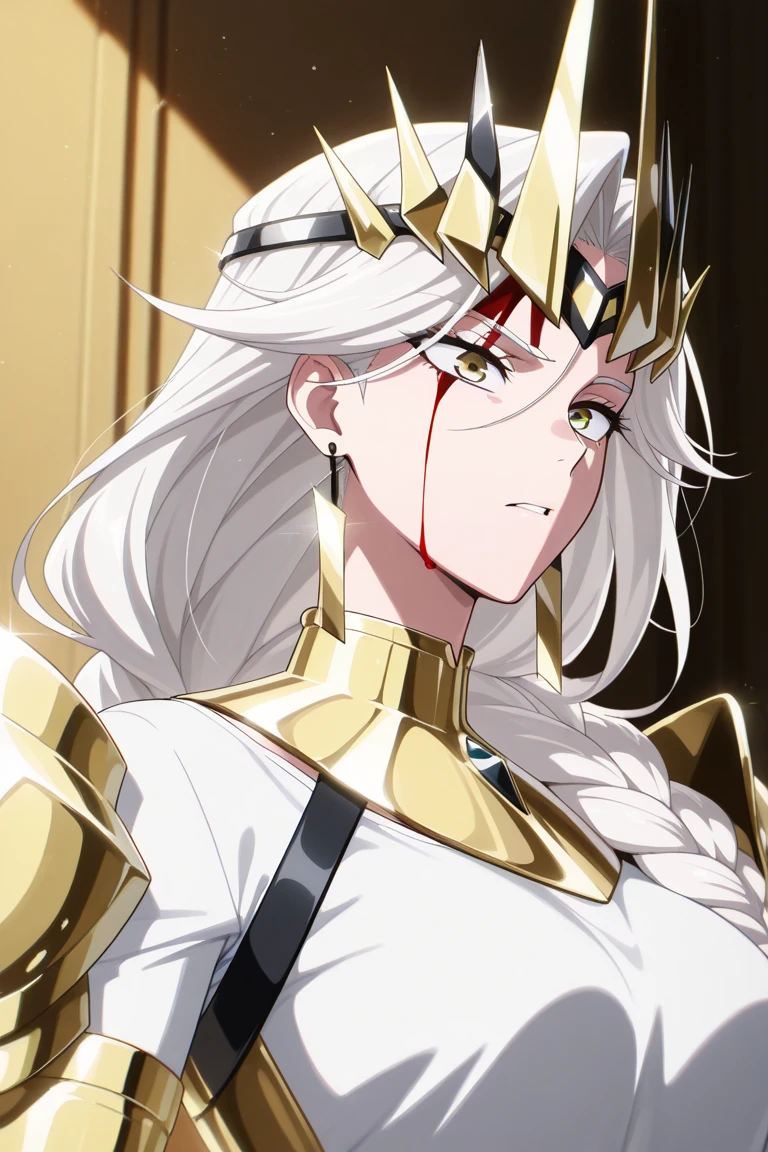 woman, blue eyes, long hair, white hair, mature, god eyes, diamond earings, glowing right eyes, two colors eyes, purple eyes, golden armor, injured, blood, dead, tears, glowing eyes