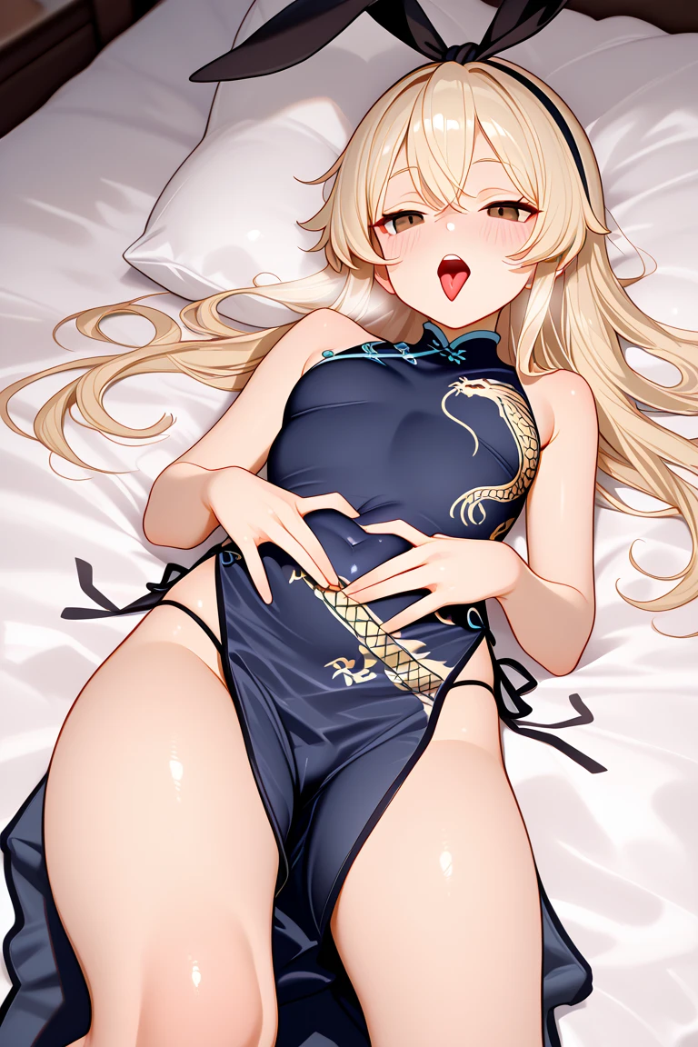 Best quality, ultra detailed, masterpiece, highly stylized, HD, / shimakaze, brown eyes, blonde hair, long hair, hairband, black ribbon / kisakioutfit, china dress, chinese clothes, pelvic curtain, bare shoulder / Lying on the bed, on her back, panties partially visible,  open mouth, tongue out, hot breath, blush, mischievous and lustful look, both legs fully open, her hands on her belly, her fingers opening her pussy 