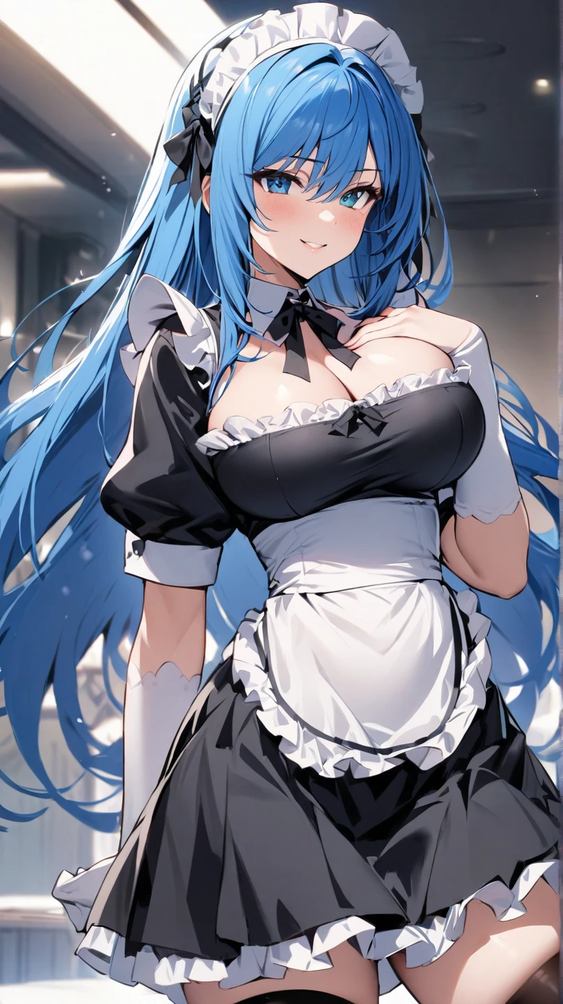 hold one's hands,masterpiece,highest quality, unreal engine, super resolution, very detailed, 1 female,big breasts, waist, thin, (muscular:0.8) blue hair,purple eyes black dress,black corset,white sleeves, frillsドレス, Ascot, round chest, big breasts, upward glance,maid bikini, maid headdress, bow tie, maid, bangs, black bikini, open your mouth, long hair, hair intake, alone, frills, breast press,