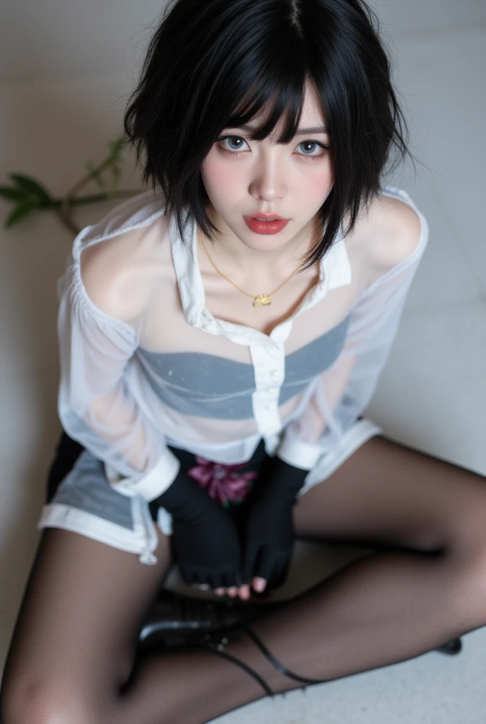 there is a woman sitting on the floor taking a photo, She has black hair with bangs, cruel korean gothic girl, gothic girl aesthetic, gothic aesthetic, 1 gothic girl of 21 years old, seductive and provocative pose, with black hair, the girl is crouching, pale gothic beauty