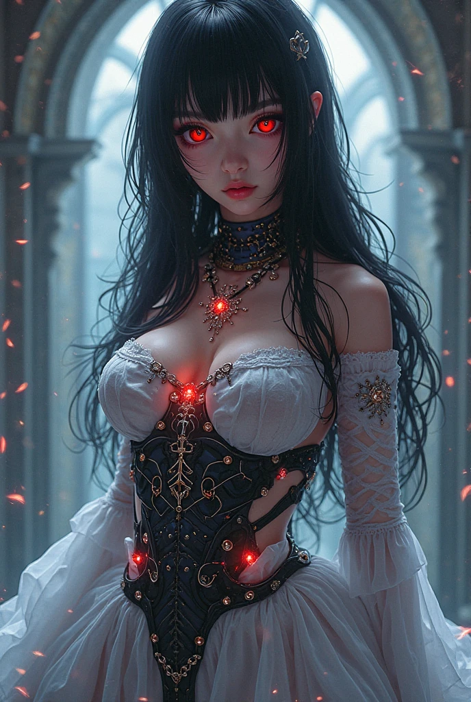 (facial portrait: 1.5), epic good looking succubus wearing a (white lace: 1.2) dress (intense details, Masterpiece, best details: 1.6), ((wearing elegant stylish yellow rimmed glasses:1.3)) (intricate details, Masterpiece, best details: 1.6), ((red skin: 1.5)), ultra detailed face (intense details, Masterpiece, best details: 1.5),standing in the door entrance, holding a red and gold ring (intense details, Masterpiece, best details: 1.6), black hair, long hair, red eyes, glowing eyes, small horns, dim light, high details, best quality, 16k, [ultra detailed], masterpiece, best quality, (extremely detailed), ultra wide shot, photorealistic, gothic art, sense of darkness, sense of seduction, fiery magic symbols (intense details, Masterpiece, best details: 1.6),in the background, Dark Art Painting Style, dark, dark novel