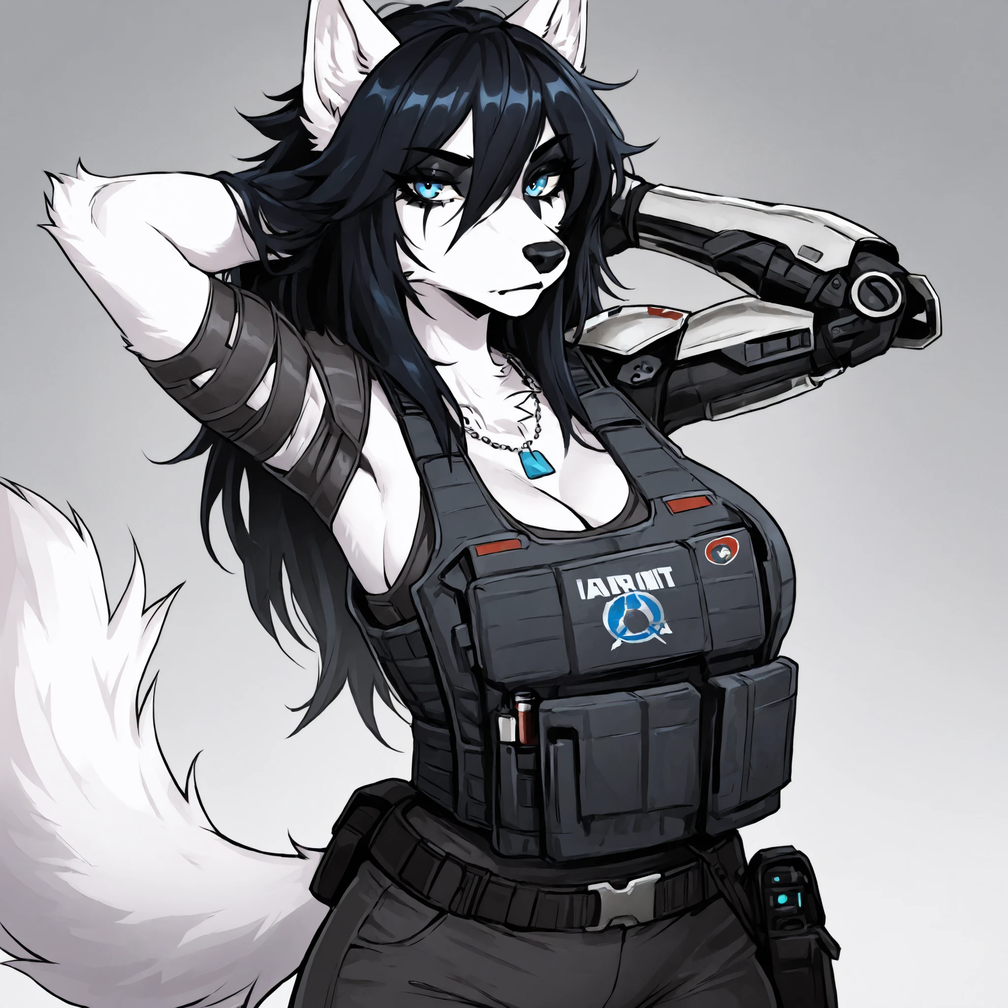 Source_furry, (((1girl))), furry, anthro, white fur wolf, star wars, bounty hunter, cleavage, long black messy spiky black hair, blue eyes, bulletproof vest, black eye shadow, black eyeliner, tall, curvy body, athletic build, robot left arm, robot left hand, necklace