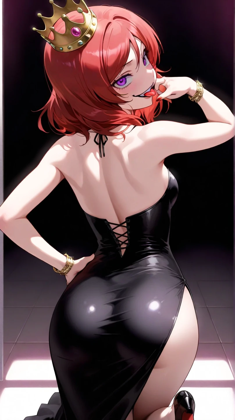 masterpiece, best quality, (1girl:1.000), (bracelet:1.000), (nishikino maki), (red hair:0.987), (purple eyes:0.976), sleek black dress that hugged her curves , paired with simple yet elegant silver jewelry. Her hair was styled into loose waves, falling halfway down her back