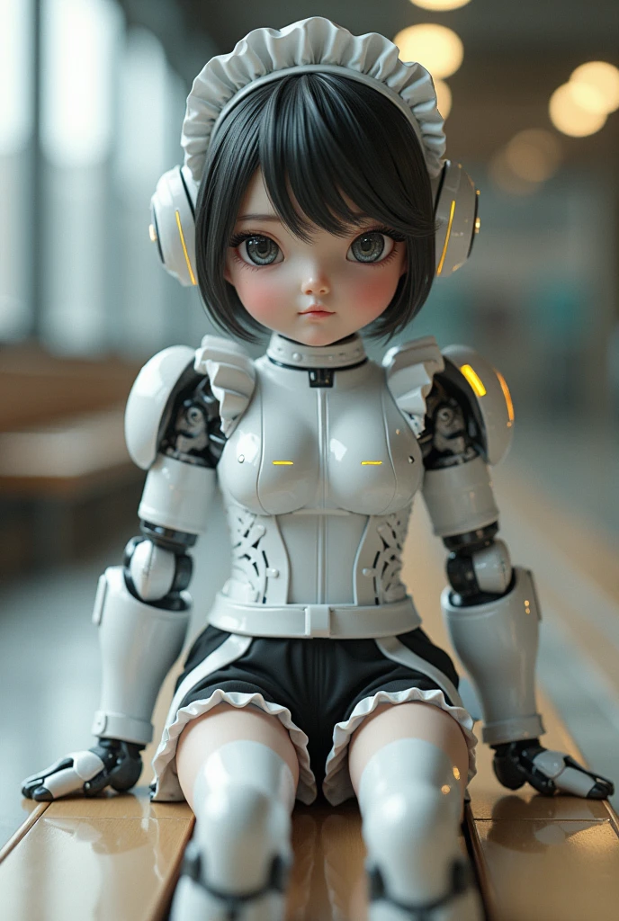 Very cute human 8 year old girl face, doll-like body with robot arms, robot waist and legs, very cute and feminine, short, petite, small, full hip, small bust, tight-fitting white armor, cleavage, flat belly visible, helmet with antenna, robot joint, very stylish, Black rubber bodysuit with zipper