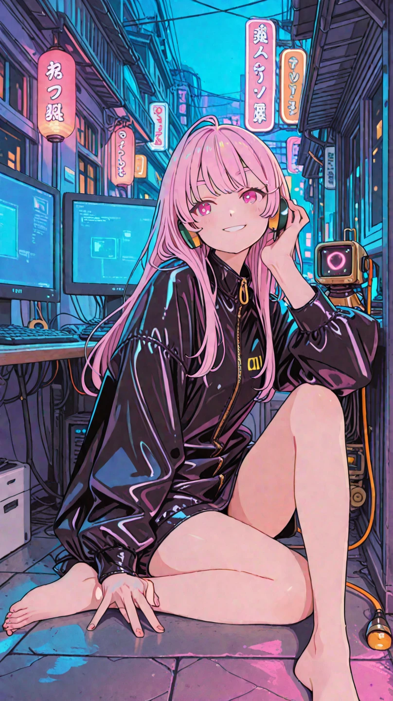 最high quality、best image quality、masterpiece、girl((20-year-old、 By becoming、vest bust、medium bust,wide open breast tea、shining eyes, neon hair、long hair、thin,highest valley、ponytail、Damaged Denim Shorts、black navel shirt、Damaged Denim Jacket、smile、full body tattoo,diamond earrings、Wristband、necklace,bubble gum、sit on a chair、leaning forward)),high quality、beautiful art、background((Hacker Room、neon lighting))、Flight、debris flies、Depth of written boundary、movie、visual art、perfect art、8k,genuine、