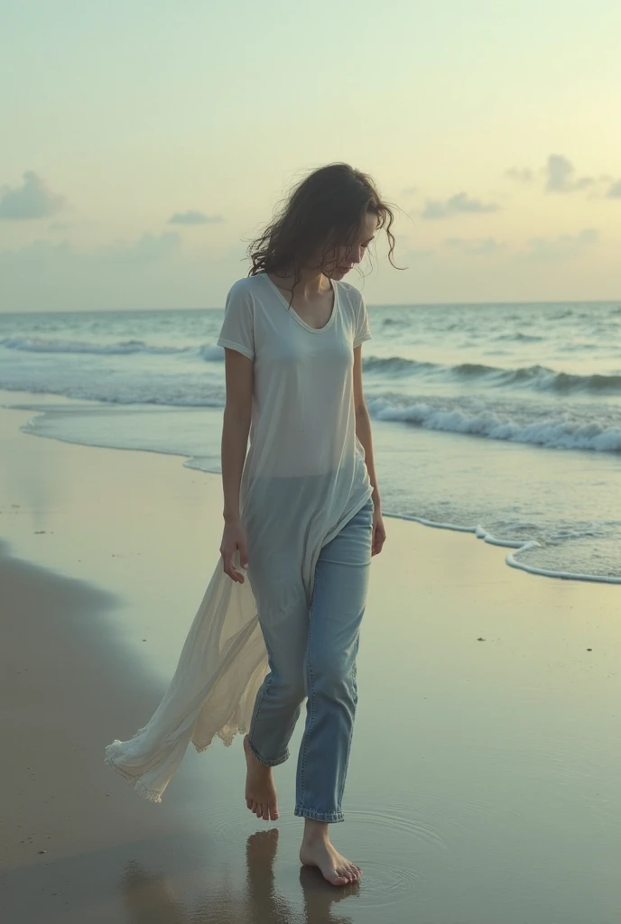 ((Highest quality)), ((8K)), ((masterpiece: 1.3)), (Perfect appearance), (Photorealism: 1.6), (夕日を背景にビーチを歩くJapanese women: 1.4), (Sandy beach at sunset), (The sea was dyed red by the setting sun), (The setting sun is dazzling), (Backlight), Japanese women, (60 years old), ((Stand upright, Look forward, Center of screen)), ((Realistic skin texture)), (Fine wrinkles appear all over the skin), (Dullness), (Unmoisturized skin) , (Facial wrinkles), (Wrinkles around the eyes), double eyelid, Lower eyelid tear trough, The eyes are looking here, Serious look, (Dimples), Lips open, Straight medium length, Hair blowing in the wind, Soft fabric blouse, (Transparent blouse), (Slim body), (Wide sleeves), (Cuffs that fit your wrist), (The bottom of the blouse is tucked into the skirt), (Pleated long skirt), (Bare feet wet with seawater), (whole body), View from the feet,