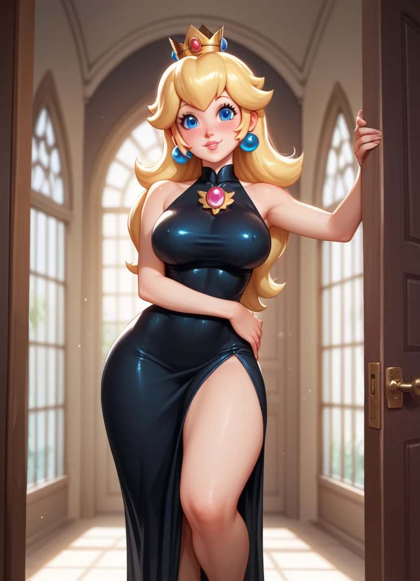 Create a calm and artistic atmosphere, best quality, silhouette, night, deep black, dark night, deep night, best quality, realistic, high detail, royal palace, royal living room, beautiful curvy figure, yellow dress, transparent dress,sexy dress,full body,half naked, blond hair, holding a crown on Her head, blue eyes, diamond jewelry in the neck, big ass, big breasts, huge fake breasts, round breasts, huge breasts, Narrow waist, wide hips,, thick thighs,look from behind ,necklace, bare shoulders,Huge butt, The place must be dimly lit by warm torches highlighting her features The scene is full of flowers. The general mood is one of calm and appreciation for the splendor of the beauty of the palace hall, which reminds us of paintings from the Conquest era.