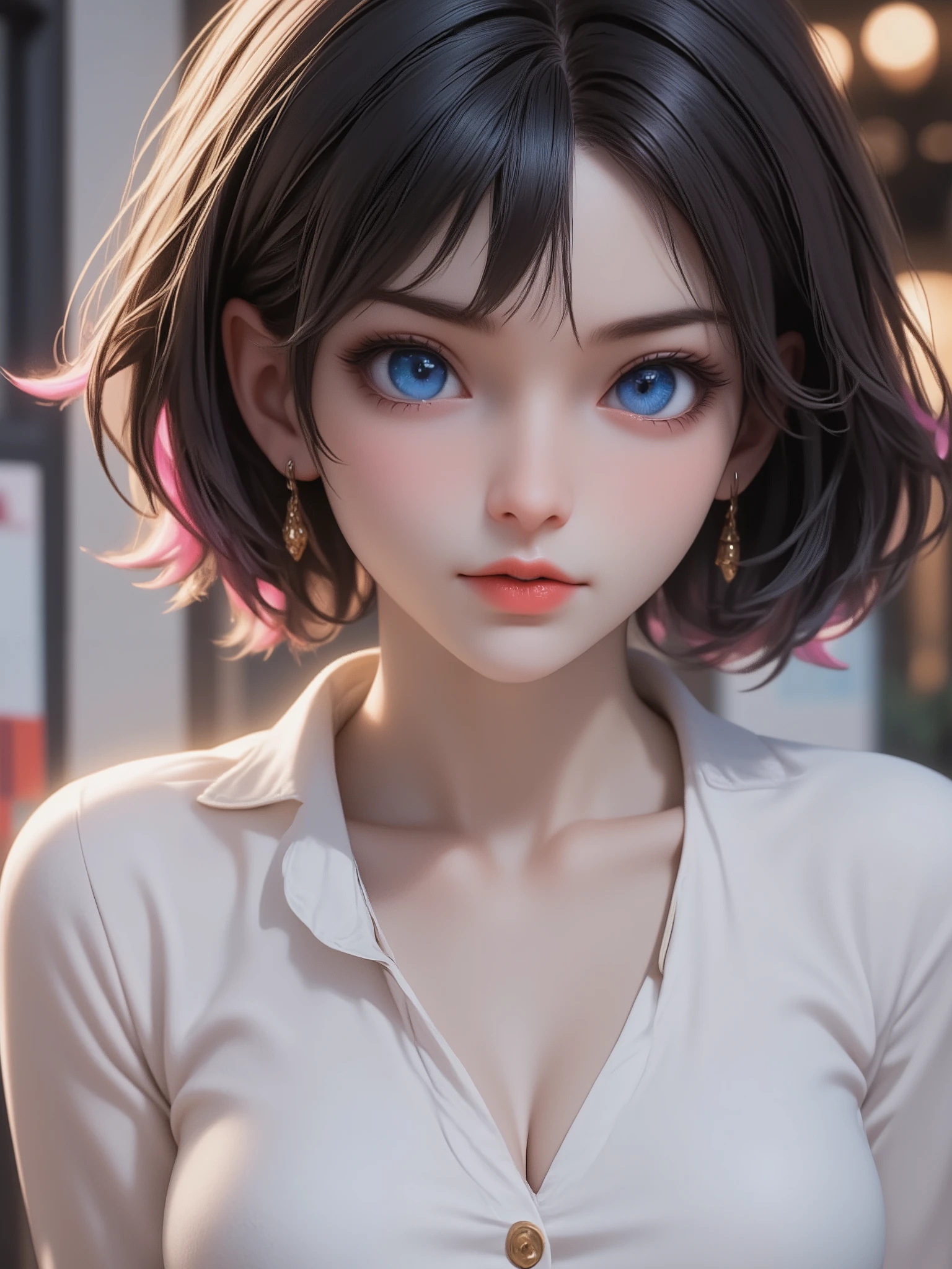 1 girl, blue eyes, bob short hair, black pink hair color tone, white shirt with collar, open button, cleavage, depth of field, first-person view, f/1.8, 135mm, Nikon, UHD, retina, masterpiece, accurate, anatomically correct, textured skin, super detail, high details, high quality, best quality, high resolution, 1080P, HD, 4K, 8k, at the cafe, she is looking outside.