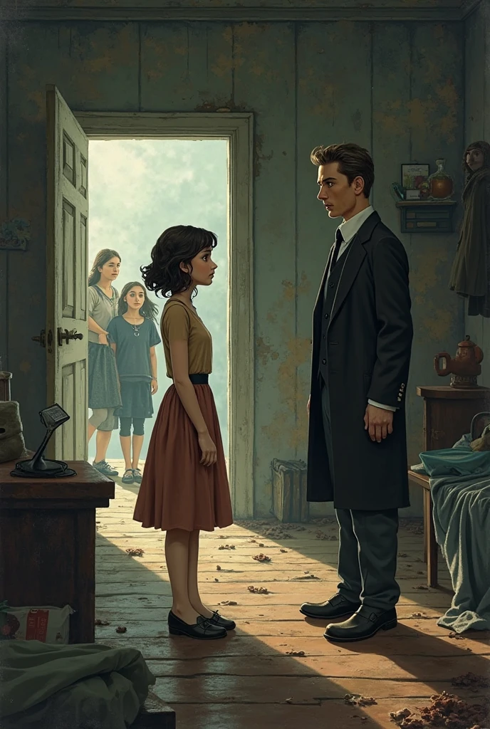 mother being scolded by her husband while hugging her eldest daughter 