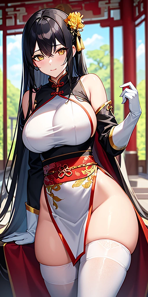 best quality, masterpiece, 1girl, solo, black hair, green eyes, qin liangyu, long hair, sidelocks, white Chinese clothes, double bun, bun cover, huge breasts, narrow waist, wide hips, toned, hourglass figure, seductive smile, wind, futuristic city, Chinese temple, sitting, indoors, window, rain,