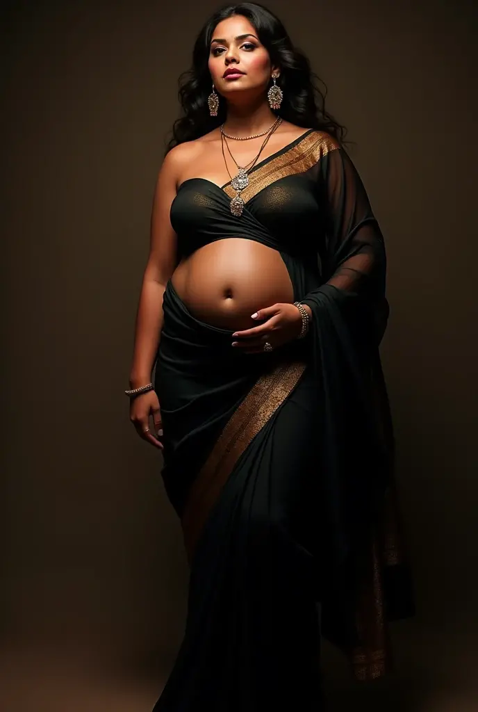Beautiful indian darkskinned woman,fat breasts ,big belly ,black saree,showing chest and belly area ,big breasts,full ,accidentally pooped in her saree,