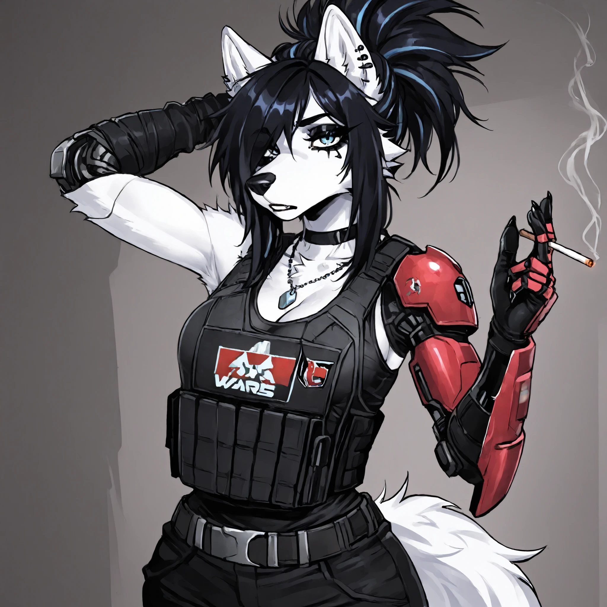 Emo Hairstyle,Source_furry, (((1girl))), furry, anthro, white fur wolf, star wars, bounty hunter, cleavage, long black messy spiky black hair, blue eyes, bulletproof vest, black eye shadow, black eyeliner, tall, curvy body, athletic build, sliver robot left arm, sliver robot left hand, necklace, smoking cigarette