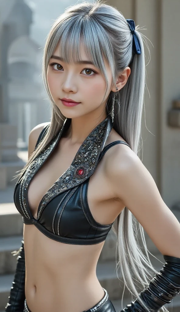 center, from side, Close up focus, leaning on huge stone, shiny skin, girlan extremely delicate and beautiful girl, mature female, very long rainbow hair, messy hair, long bangs between eyes, little double bun, twintails, grey hair, blue streaked hair, hair with body, handsome, lying, blank stare, tongue out, nail polish, large breasts, white thighhighs, beautiful detailed red eyes, crystals texture skin, holster, a silver triple crown inlaid with obsidian, eyepatch, collar, holding weapon, Hammer, black bikini, open shirt, jeans, whitefootwear, overexplosure, garter straps, complex pattern cloth, black background Clothes, dream like benthos, weirdcore, detailed water, Rayleigh scattering, colored tips, extremely detailedmasterpiece, Gorgeous and rich graphics, hyper quality,
