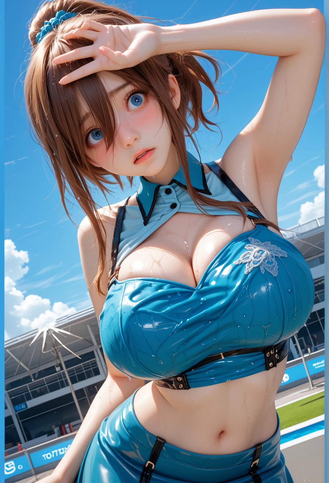 Highest quality, masterpiece, Ultra-high resolution, (Realistic:1.4), RAW Photos, 1 girl, 16 years old, Japanese track and field athletes, Rear View, On the track at the athletics stadium, ((Wearing an athletics uniform, Upward hips, Very cute face, Black short hair)), ((Upper and lower integrated type:1.2))、((The upper body is an athletics uniform that hides the nipples...、Cute underwear that makes only your lower body look sexy、Lace sexy panties、You can see her beautiful pubic hair sticking out...:1.5)、Short torso, Beautifully detailed body, Beautiful legs with attention to detail、Browsing Caution、((Sit down and stretch:1.4))