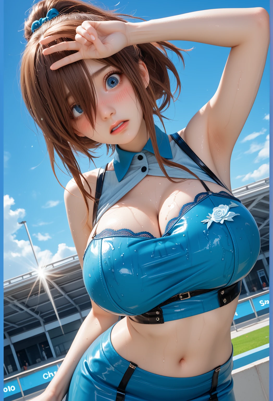 Blonde with bangs　　Big Breasts　Cleavage　Big smiling eyes 　On the roof of a building in clear weather　((Racing team bodycon dress made from shiny white and blue patent leather with sponsor lettering.))　((Enamel Knee High Boots))　plump thighs　8k　Sit with your legs apart　Drawn from below