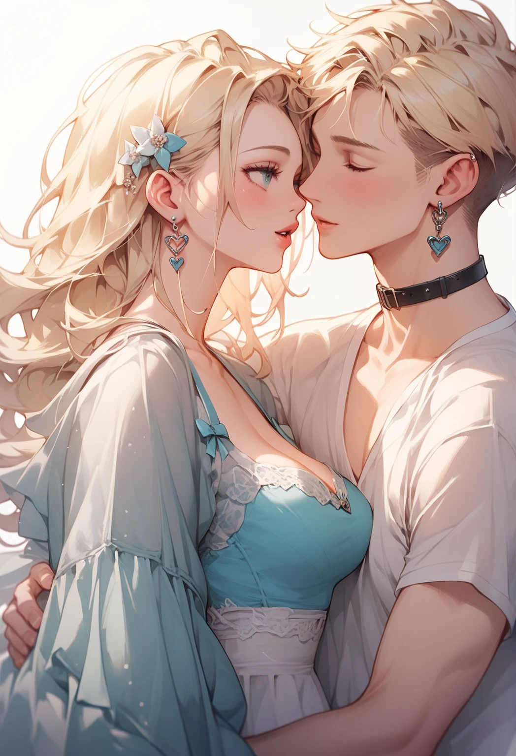 in bedroom, 1boy and 1girl, looking at viewer, couple sitting, love atmosphere, lingerie, blush,