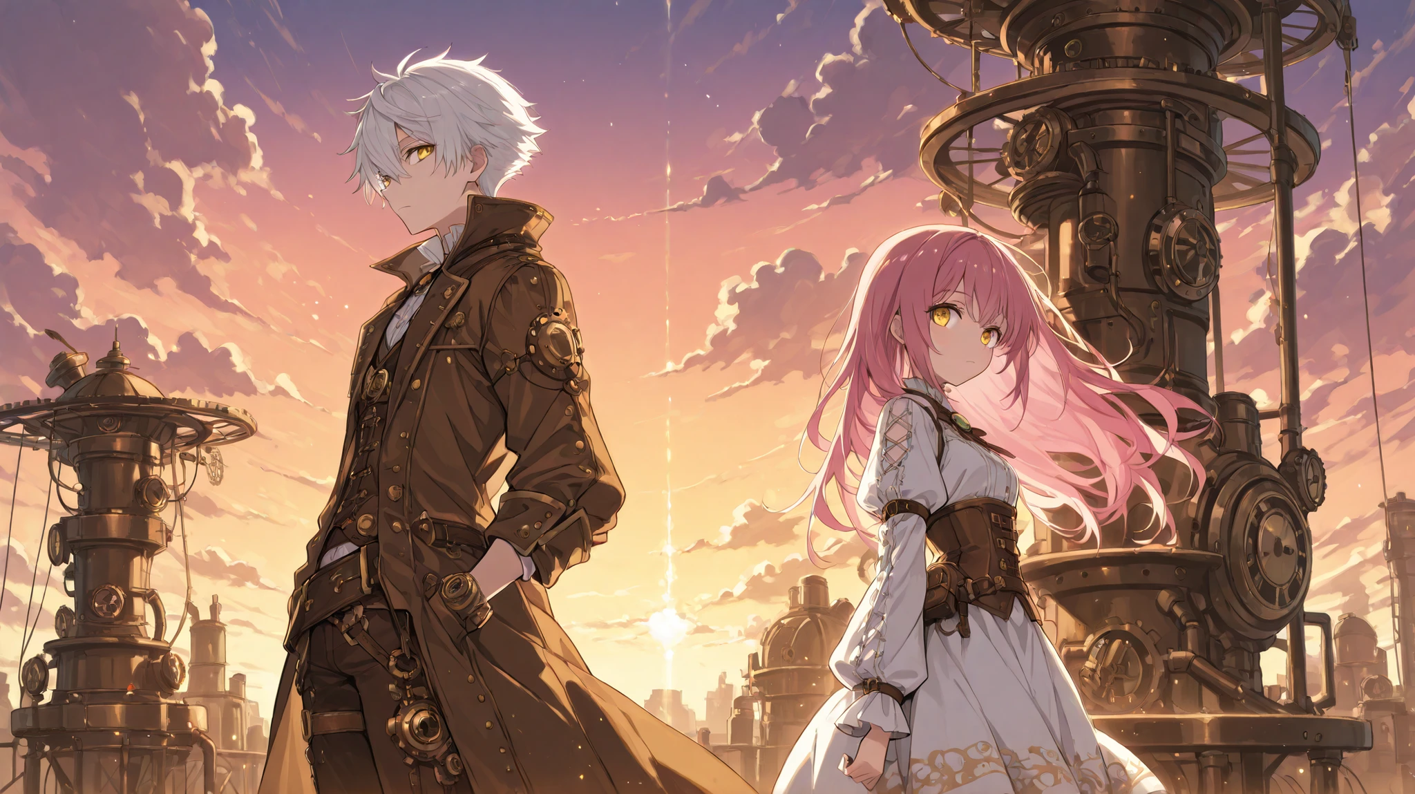 score_9,score_8_up,score_7_up,source_anime,hi-res illustration,cool boy (short white hair, yellow eyes, steampunk brown clothes) and cute girl (long pink hair, steampunk white clothes), standing back to back , sky world, clouds, sunset, masterpiece, high quality, high resolution