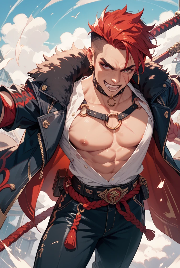 1boy, anime screencap, muscular shirtless barbarian, ultra muscular body, furry pelt pants, giant fantasy weapon, mystical castle market background,