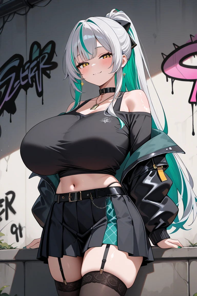 1 girl, 19 years old, Long pink hair, green eyes with slit pupils, master-piece, best quality, (standing up), (white shirt), (long sleeve white front-tie crop top, black pants, red nails, cleavage),  (Big , ultra gigantic , Super super big, Glamorous body), Make eye contact with the camera, front figure, looking forward, (light_Smile:1.5), (Detailed hands and fingers:1.2) (Cyberpunk City), (FULL BODYSHOT), thighs thighs thighs thighs、beauty legs、Bare legs