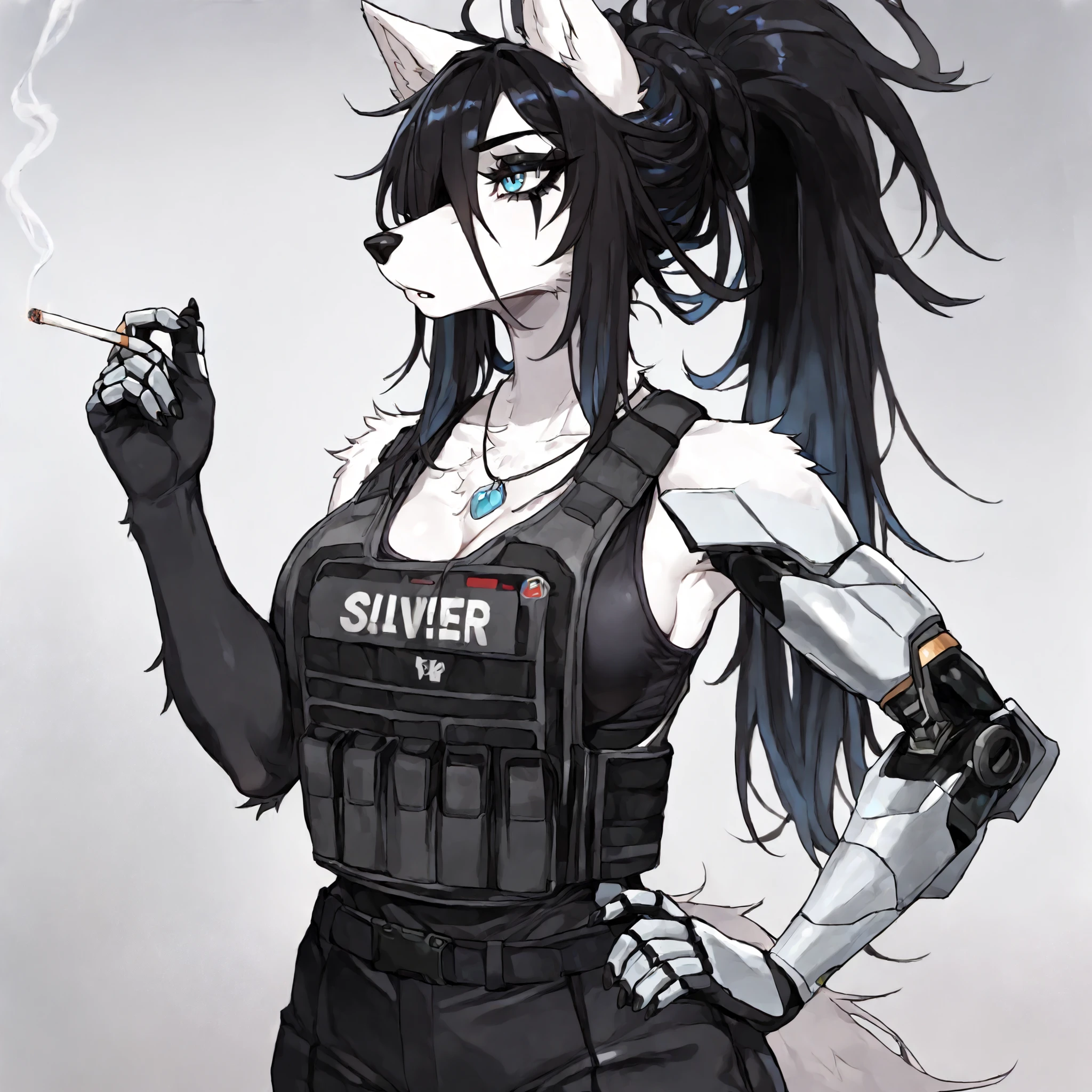 Long Emo Hairstyle,Source_furry, (((1girl))), furry, anthro, white fur wolf, cleavage, long black messy spiky black hair, blue eyes, bulletproof vest, black eye shadow, black eyeliner, tall, curvy body, athletic build, sliver robot left arm, sliver robot left hand, necklace, smoking cigarette