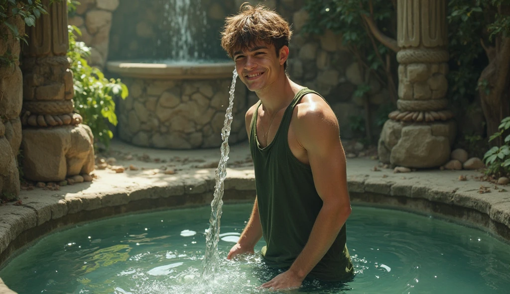 Young handsome cute white skin smooth skinny beautiful face shirtless Bringing water from an artetian well with a jug