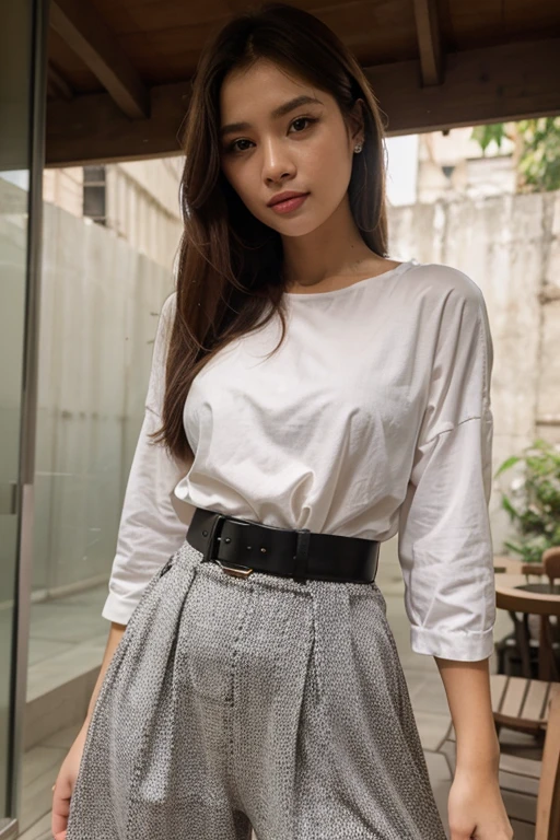 Ayu, the Indonesian woman with straight or slightly wavy dark brown hair, medium-sized expressive dark brown eyes, smooth tan or light brown skin, a moderately tall and slender figure, an oval or slightly round face, a nose that is not too prominent, and a friendly smile with neat teeth, is currently a student at a vocational high school (SMK). She is dressed in a typical Indonesian , consisting of a white blouse and a knee-length navy blue skirt, as she actively participates in school activities.