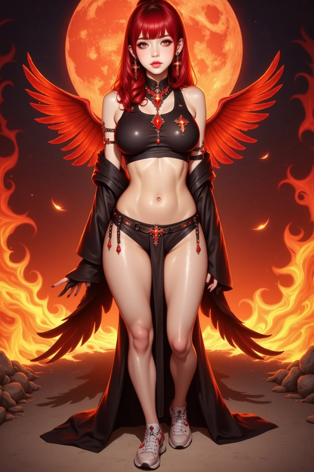 masterpiece, best quality, 1girl, <lora:kwFemale_Beta40-SDXL_v1:1>, red, chinese phoenix, night sky, fire, cleavage, stomach tattoo, nipple piercing, waifu