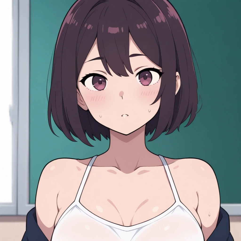Light novel cover style drawing, detailed.
best quality, art, detailed face
A 46-year-old woman wears a very tight blouse over her large breasts. She is in a night bar, she has black hair ((whole body)) and she has features on her face due to her age.
her eye color is black.