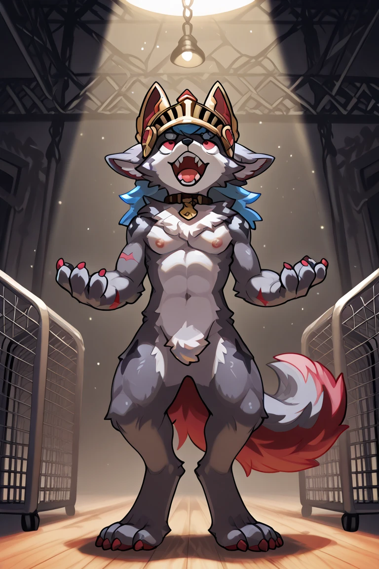 Single, wolf head, wolf tail, male, muscular, sexy
Blue ears, blue hair, fur on arms, fur on legs, fur all over the body,
White panties, black socks, red collar,
Face the audience, stroke the panties, sit on the ground,