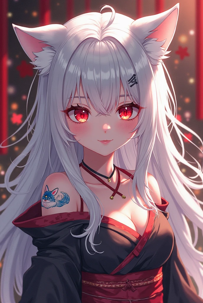 Ultra high definition。Full body drawing is required。Duck sitting。Enraged, he turns his face away。Red off-the-shoulder kimono。Emerald Cyberpunk World Background。Rear camera high angle bust zoom up。Mature Woman。White hair with fox ears。Emphasize cleavage。Earrings。necklace。brooch。Many hair accessories。low length。
